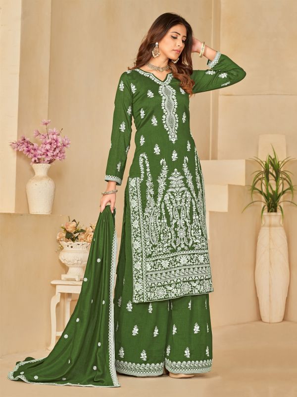 Green Palazzo Styled Thread Work Salwar Kameez In Silk