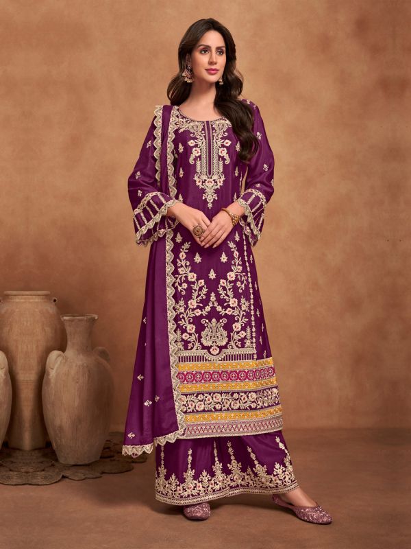 Dark Purple Palazzo Style Embroiderd Salwar Suit