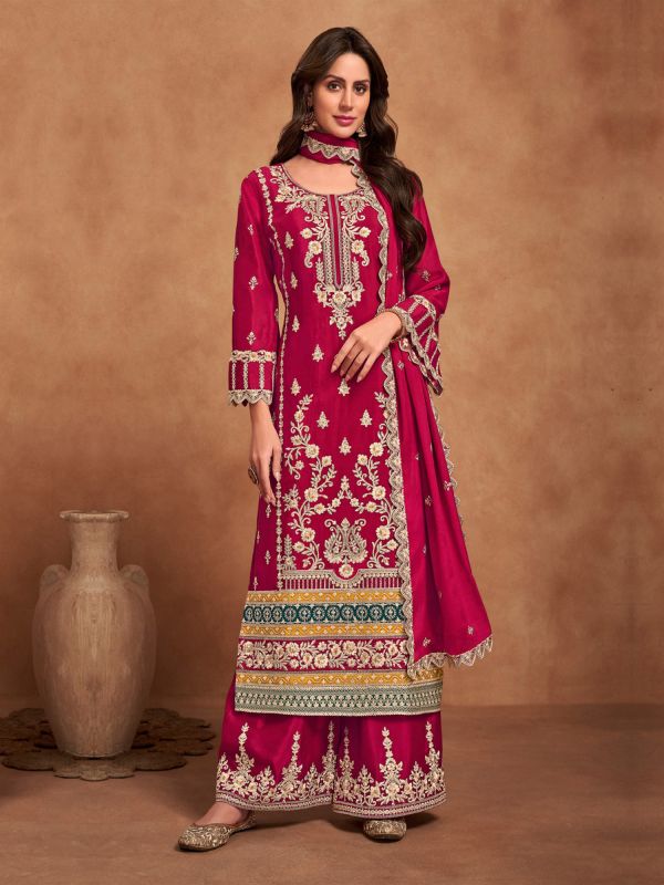 Rani Pink Embroidered Suit Set In Silk With Palazzo