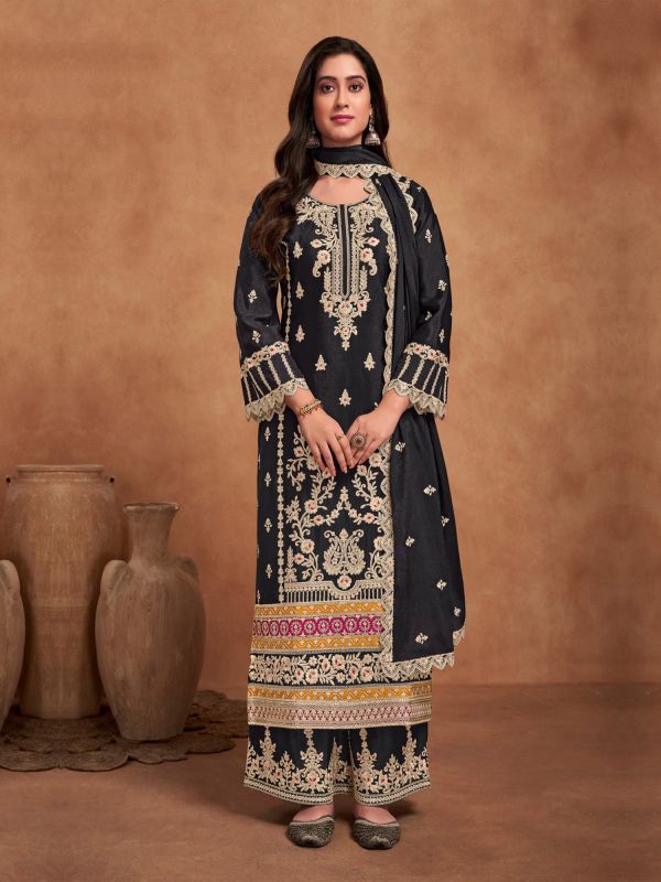 Black Party Wear Chinon Silk Embroidered Palazzo Suit Set