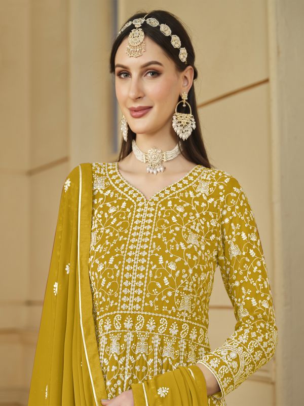 Yellow Anarkali Salwar Kamez In Thread Embroidery