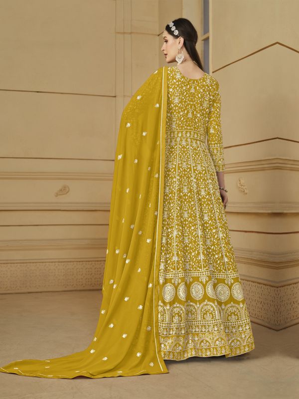 Yellow Anarkali Salwar Kamez In Thread Embroidery