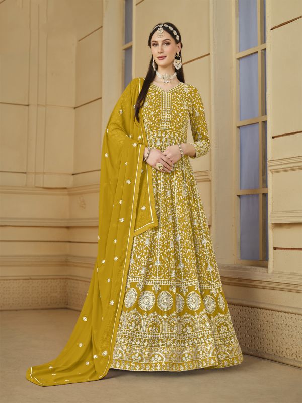 Yellow Anarkali Salwar Kamez In Thread Embroidery