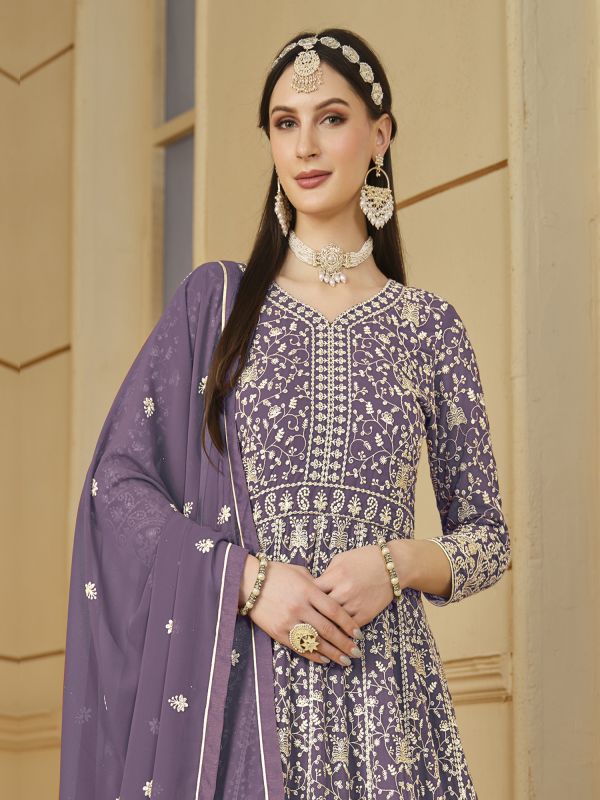 Lilac Floral Thread Embroidered Anarkali Salwar Kameez