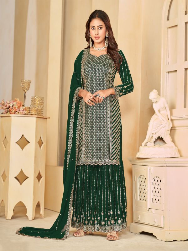 Green Sharara Style Festive Salwar Suit In Georgette