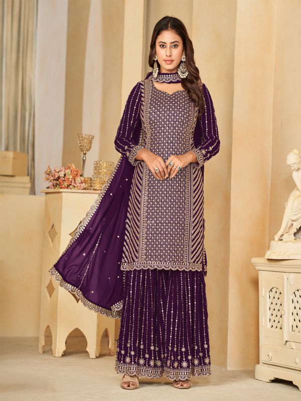 Purple Zari Embroidered Sharara Suit In Georgette