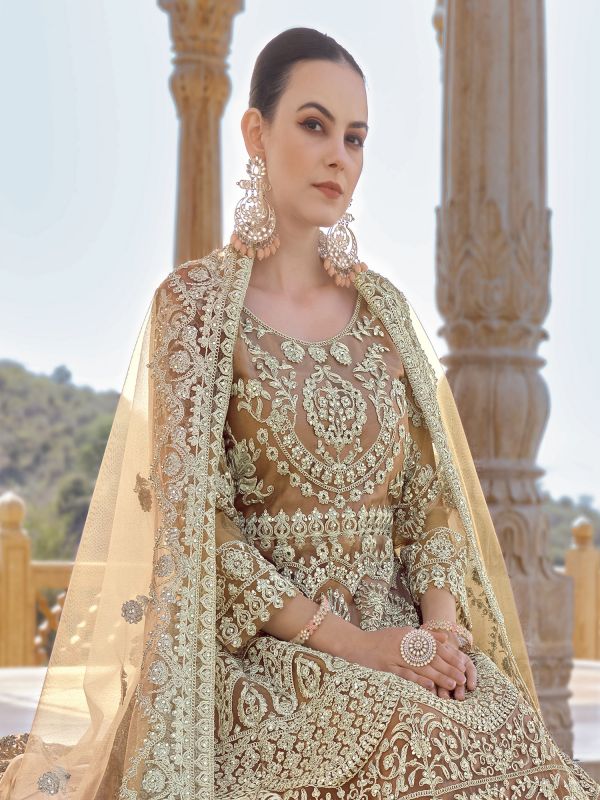 Light Brown Heavy Zari Embroidered Anarkali Salwar Suit