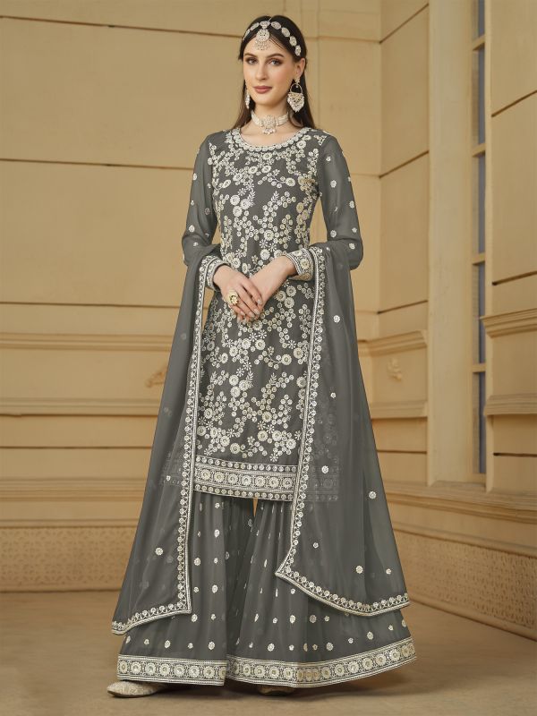 Grey Sharara Style Salwar Kaemzz In Georgette