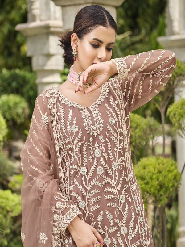 Mauve Floral Thread Embroidered Palazzo Style Suit