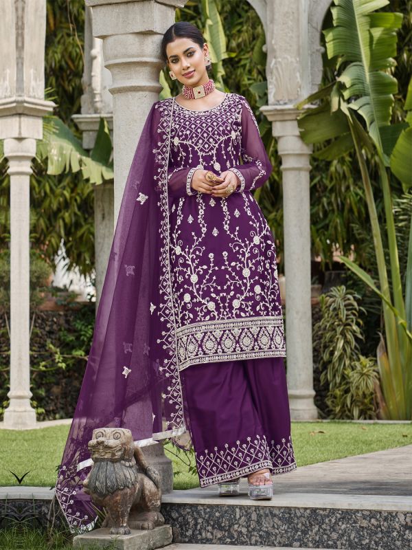 Purple Stone Work Palazzo Salwar Suit In Net