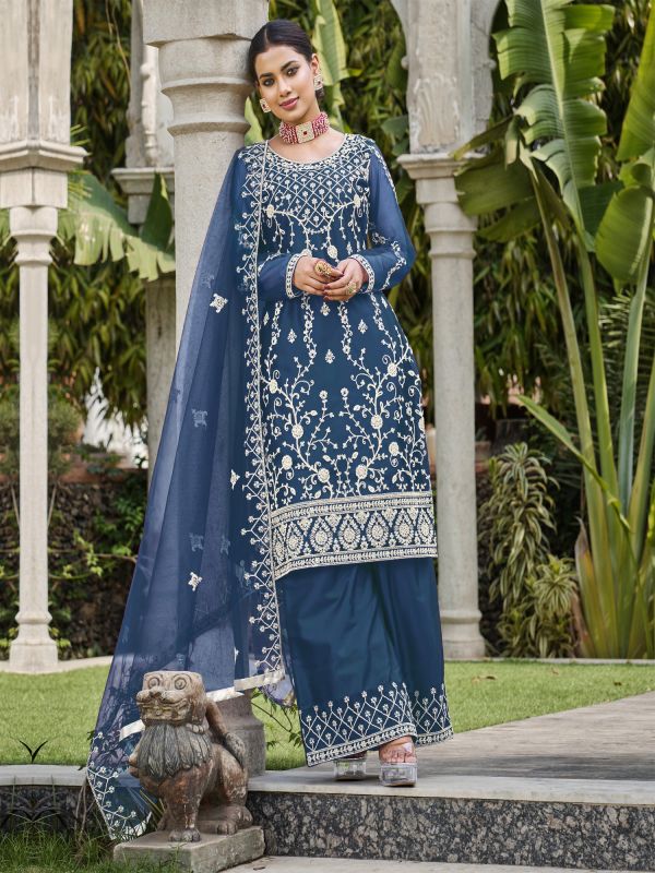 Blue Thread Embellished Palazzo Style Salwar Suit