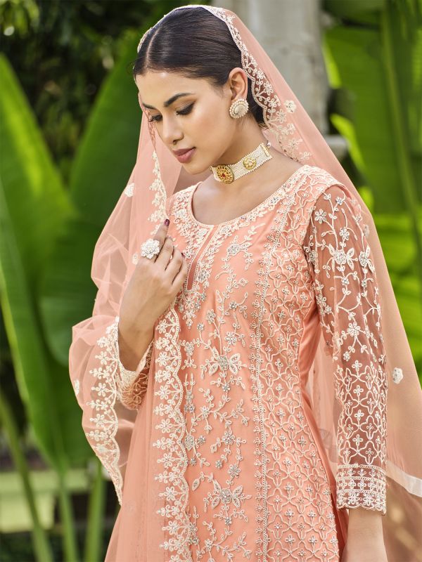 Peach Net Palazzo Salwar Suit In Floral Embroidery