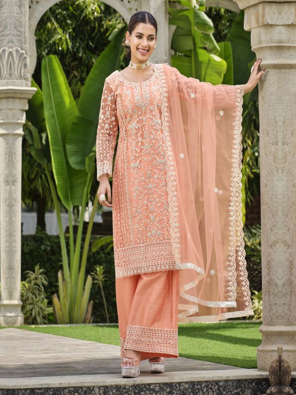 Peach Net Palazzo Salwar Suit In Floral Embroidery