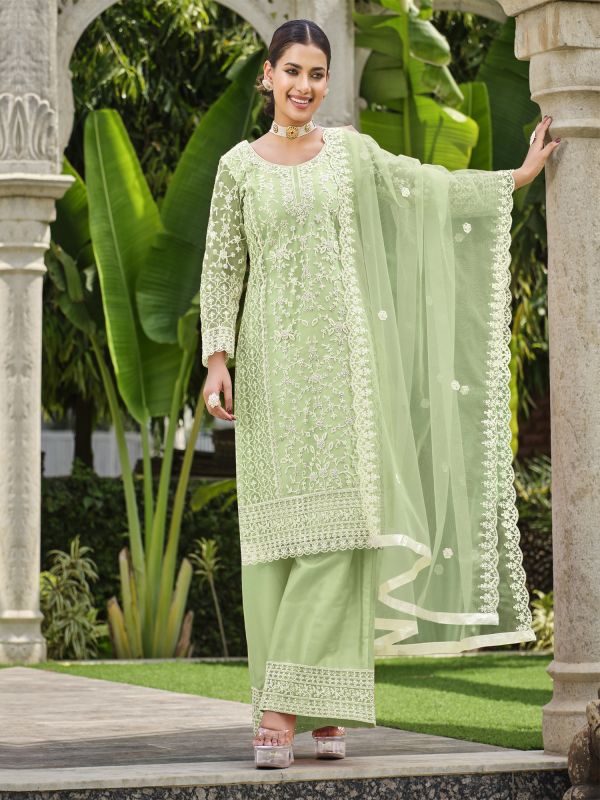 Green Net Thread Embroidered Palazzo Suit Set