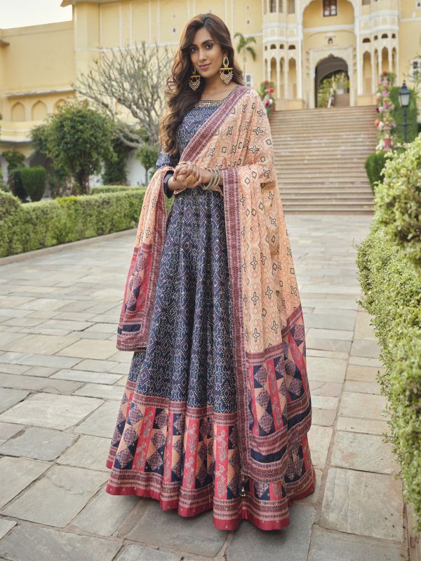 Blue Silk Anarkali Salwar Suit In Traditional Print