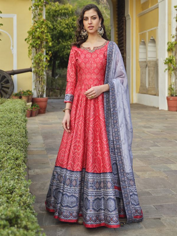 Pink Bandhej Printed Readymade Anarkali Suit