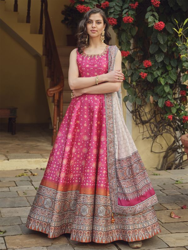 Pink Readymade Anarkali Suit With Dupatta In Silk