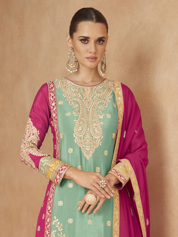 Green Palazzo Style Salwar Suit In Zari Embroidery