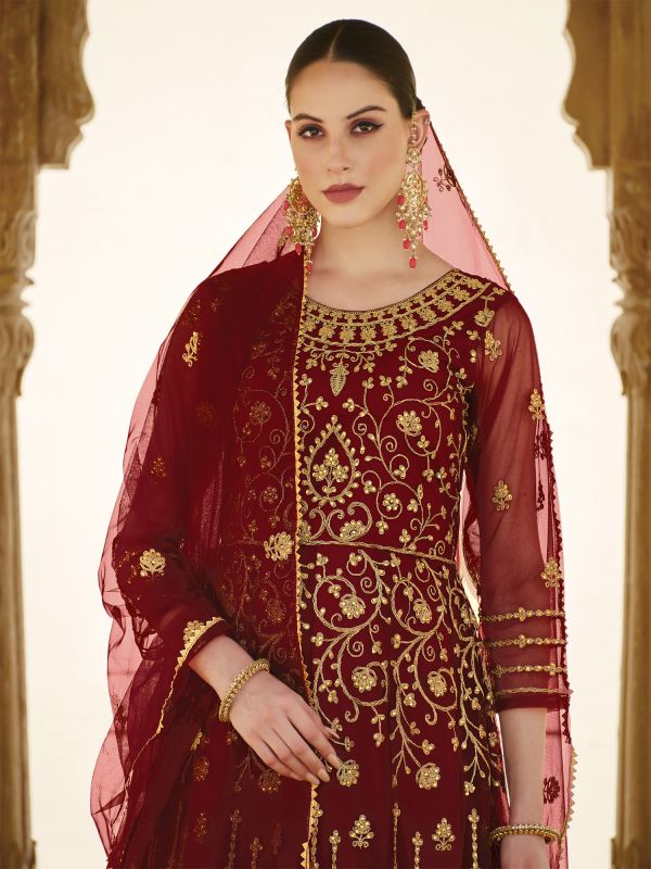 Red Heavy Zari Embroidered Anarkali Salwar Suit In Net
