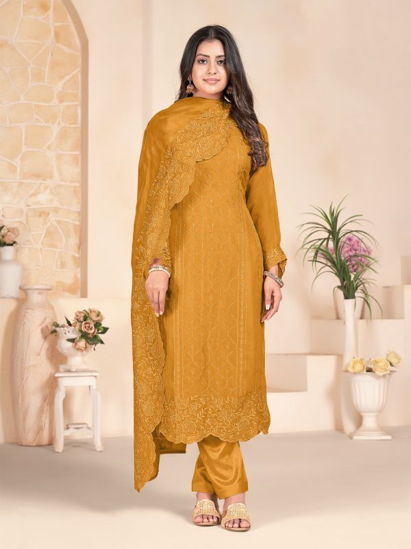 Dark Yellow Thread Embroidered Pant Style Salwar Suit