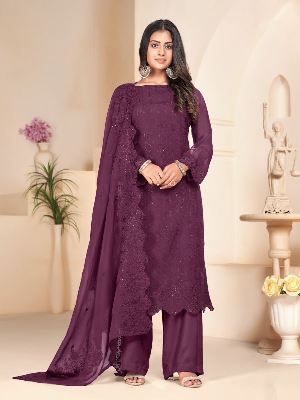 Wine Party Wear Palazzo Styled Salwar Suit In Thread Work