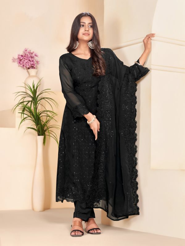 Black Thread Work Embellished Pant Style Salwar Suit
