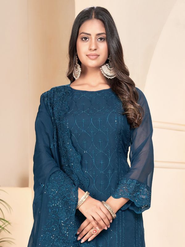 Navy Blue Palazzo Styled Salwar Suit In Organza