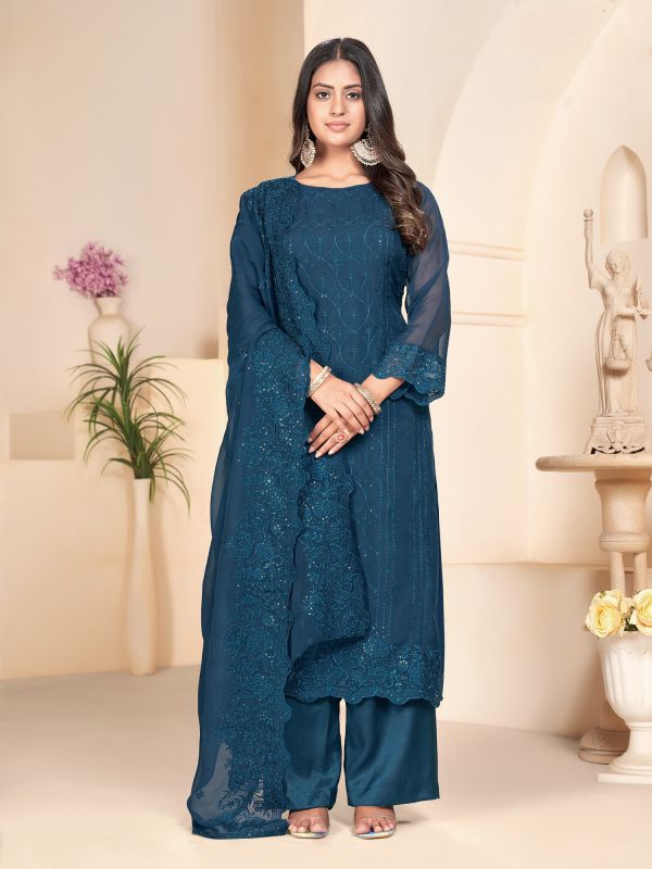 Navy Blue Palazzo Styled Salwar Suit In Organza