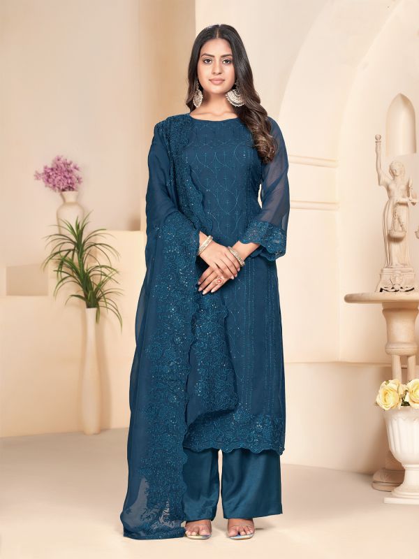 Blue Palazzo Styled Salwar Suit In Organza