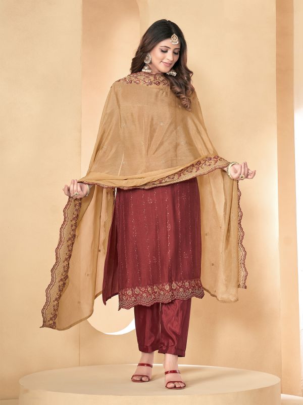 Cherry Red Pant Styled Salwar Kameez In Muslin