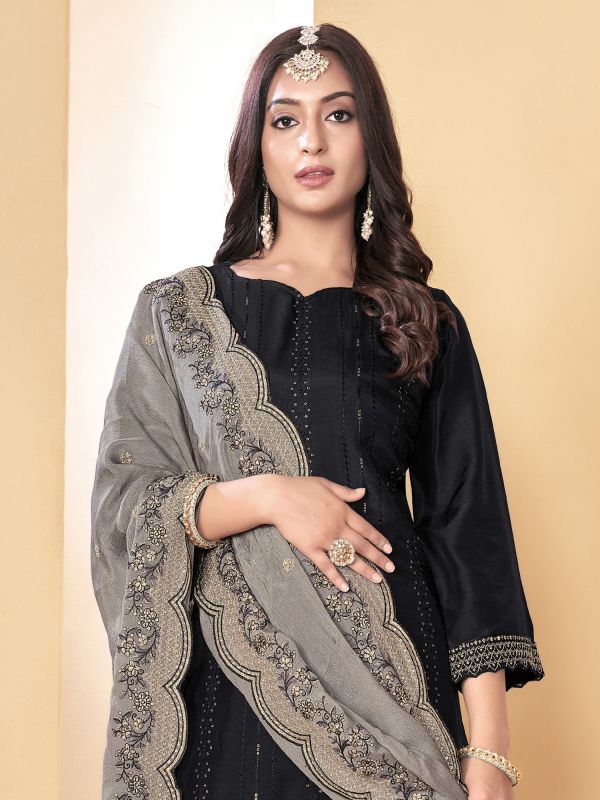 Black Muslin Sequined Salwar Kameez In Pant Style