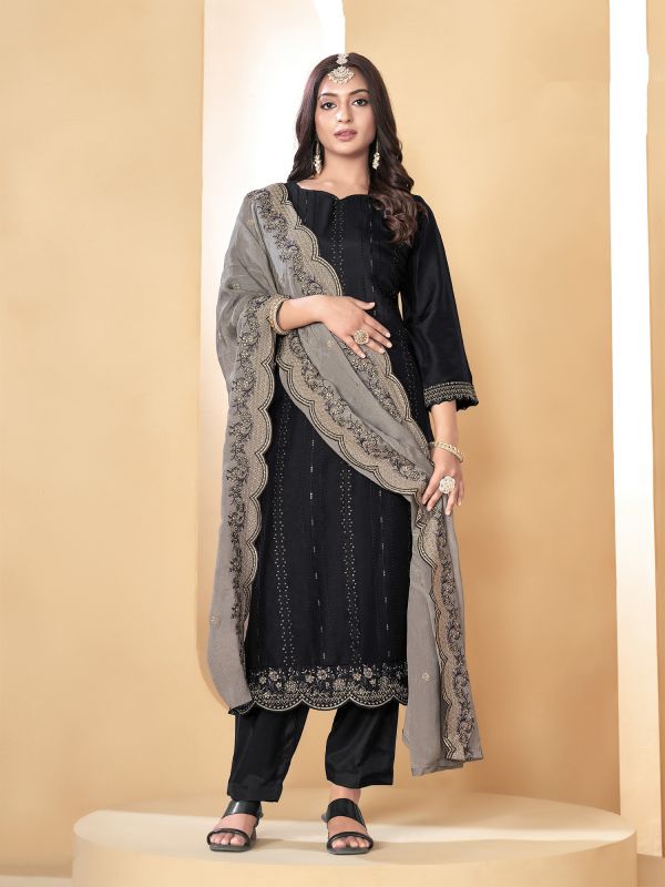 Black Muslin Sequined Salwar Kameez In Pant Style