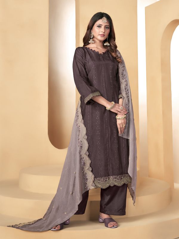 Dark Brown Thread Work Palazzo Salwar Suit In Muslin