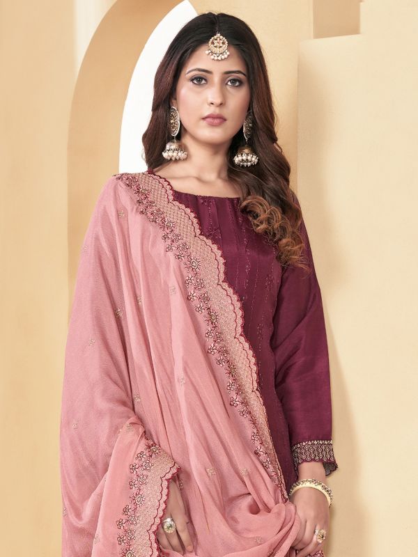 Maroon Thread Work Pant Styled Salwar Kameez