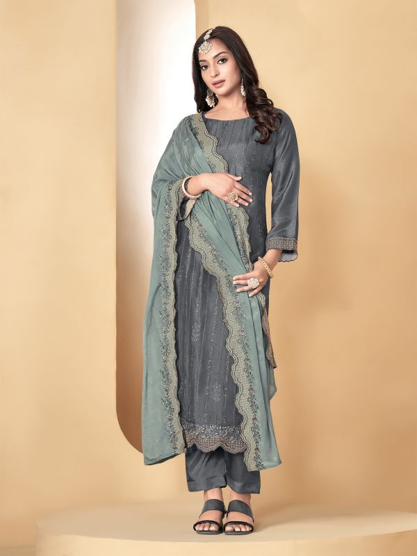 Grey Pant Styled Festive Wear Salwar Kameez In Muslin