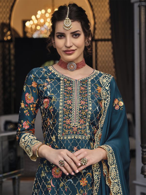 Teal Blue Palazzo Styled Thread Embroidered Salwar Suit