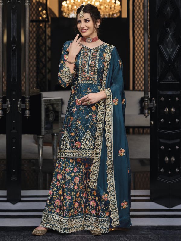 Teal Blue Palazzo Styled Thread Embroidered Salwar Suit