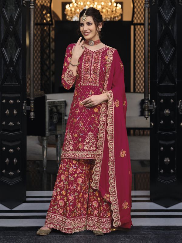 Rani Pink Floral Embroidered Palazzo Suit In Silk