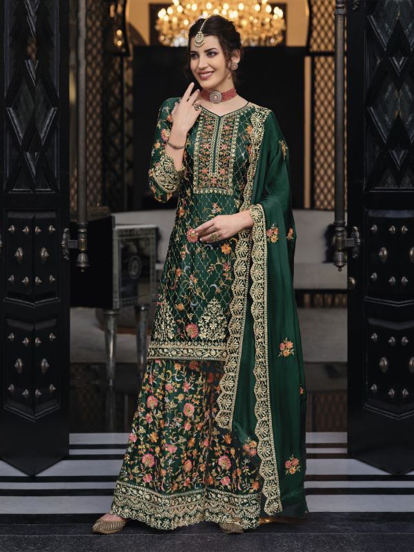 Dark Green Heavy Thread Work Palazzo Styled Salwar Suit