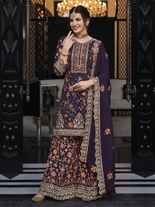 Purple Silk Salwar Kameez In Embroidered Palazzo Style