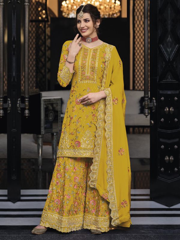 Yellow Floral Thread Embroidered Palazzo Salwar Suit
