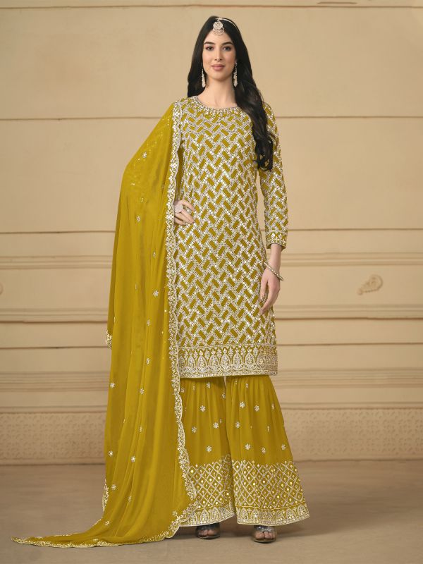 Yellow Sequins Embroidered Sharara Style Suit Set