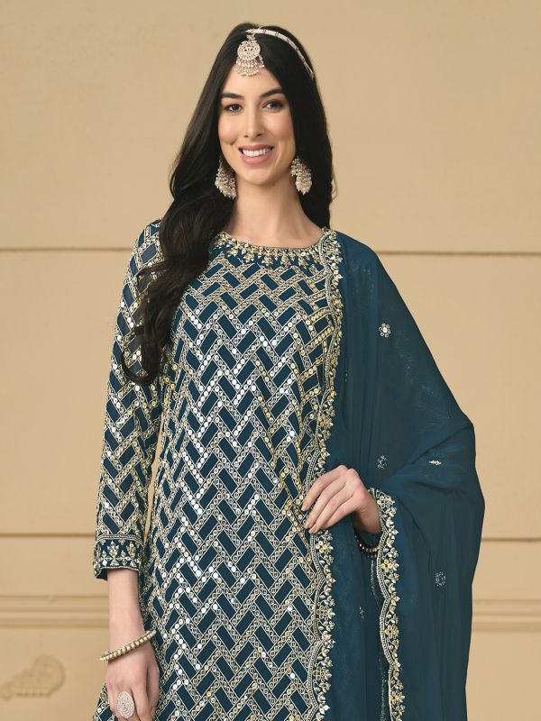Blue Sharara Style Salwar Suit In Zari Embroidery