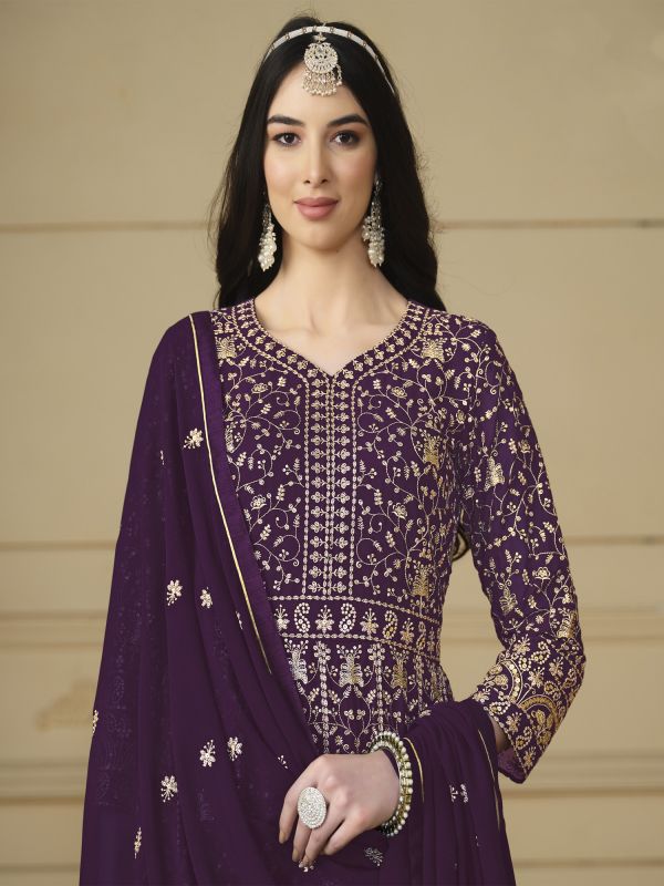 Purple Anarkali Style Suit With Dupatta In Georgette