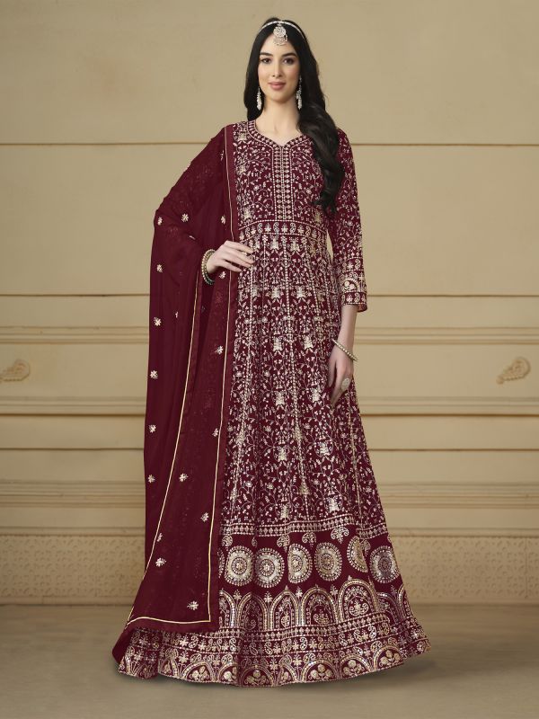 Red Georgette Salwar Suit Set In Anarkali Style