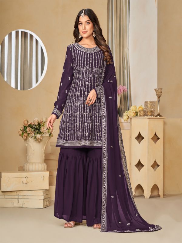 Purple Georgette Sharara Suit Set In Sequins Work