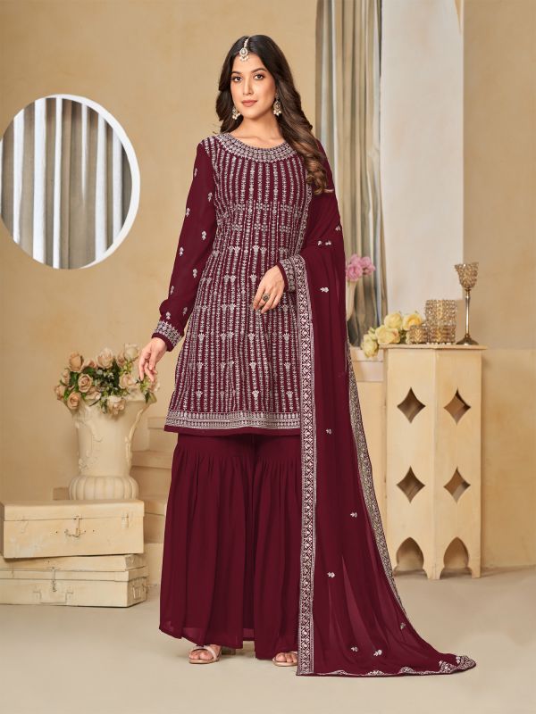 Red Sharara Style Salwar Suit In Zari Embroidery