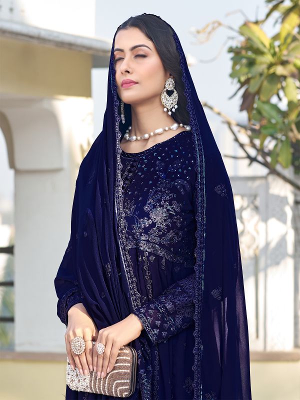 Deep Blue Pakistani Style Salwar Kameez In Georgette