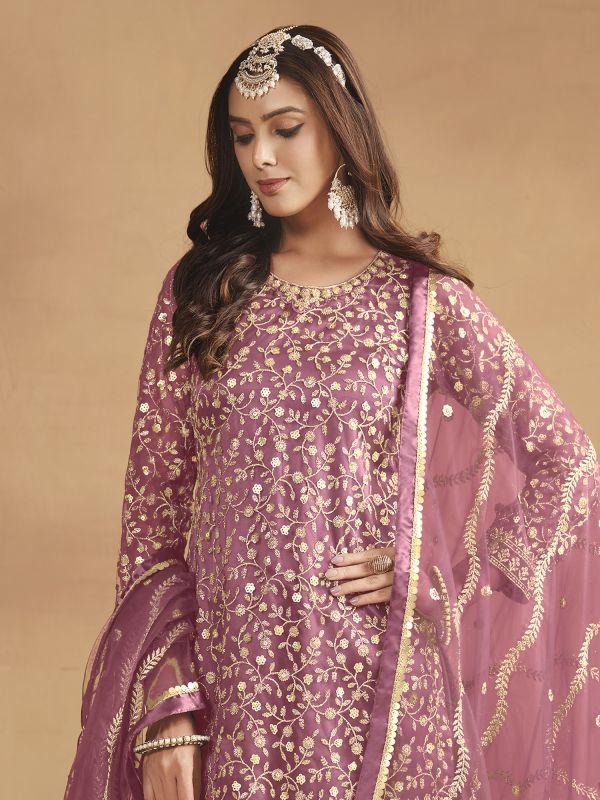 Mauve Zari Embroidered Sharara Style Salwar Suit