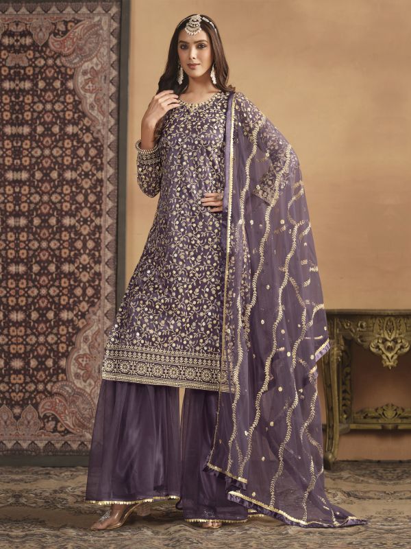 Purple Party Wear Sharara Suit Set In Net